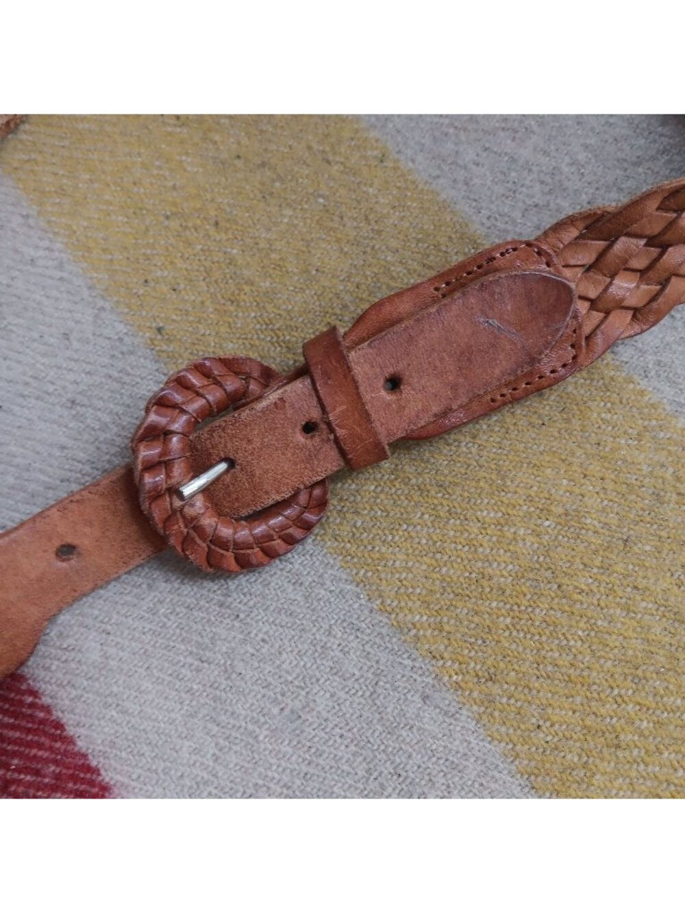 Vintage Small 28/30 Handmade Mexican Boho Braided Leather Belt Woven Buckle